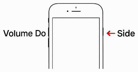 iPhone model 7 series diagram showing the Volume Down and Side buttons for hard reset