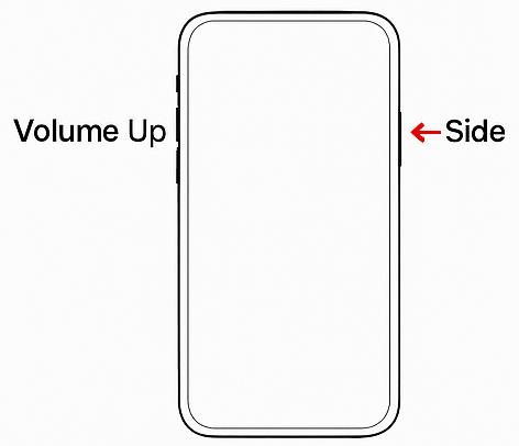 iPhone diagram showing the Volume Up and Side buttons for hard reset and Face ID models
