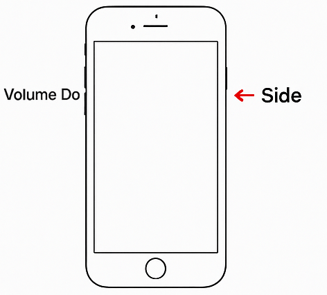 iPhone model 8 series diagram showing the Volume Down and Side buttons for hard reset