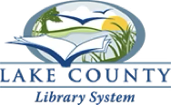 Lake County Library System logo featuring an open book, a sunrise over a lake with birds flying, trees, and reeds.