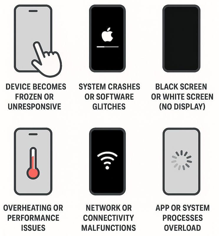iPhone and iPad hard reset guide showing when to force restart, including frozen device, software glitches, black or white screen, overheating, network issues, and app overload.